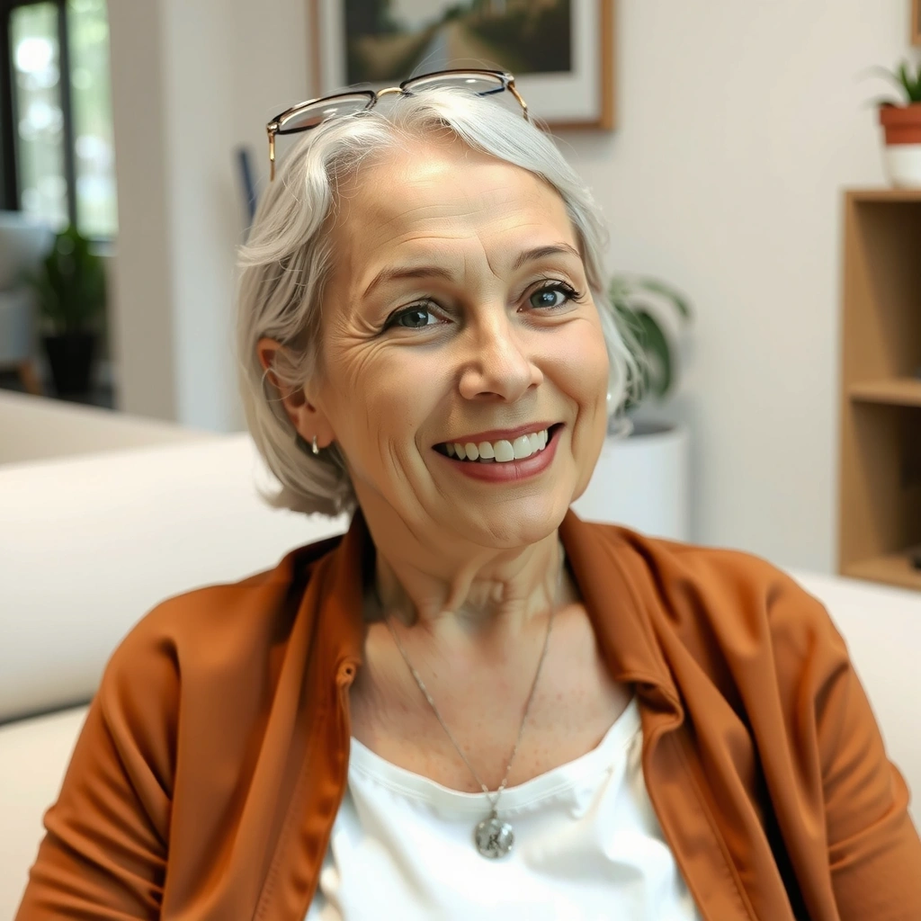 Eine ältere Dame, die glücklich und zufrieden ist.