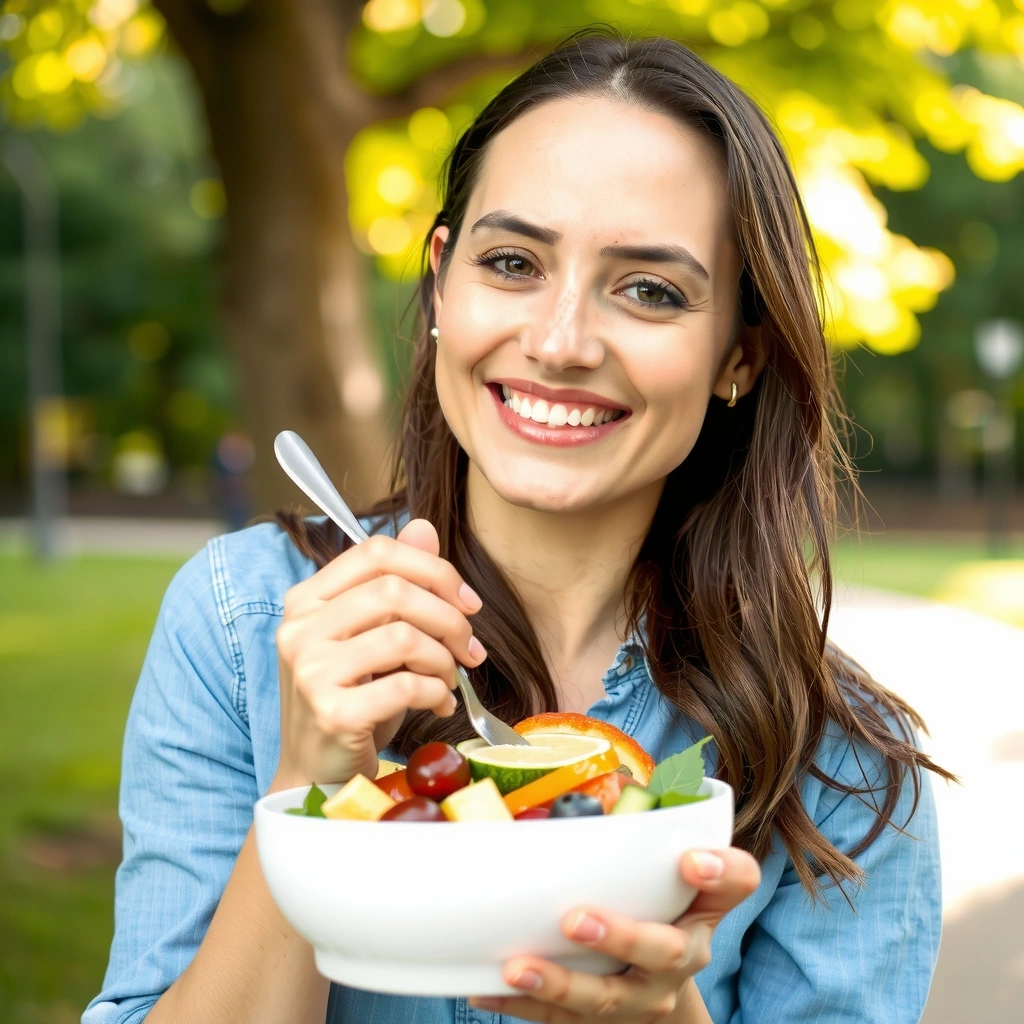 Eine Frau genießt eine gesunde Mahlzeit im Freien.