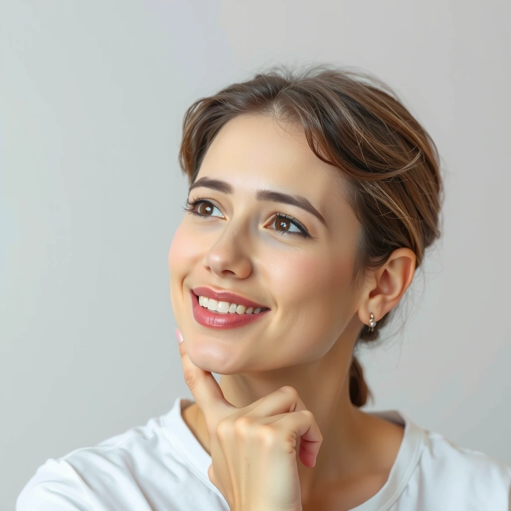 Eine nachdenkliche Person mit einem zufriedenen Ausdruck.