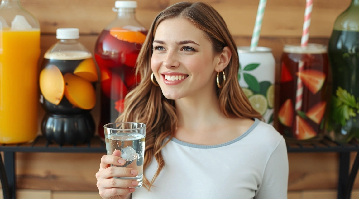 Frau trinkt bewusst Wasser statt zuckerhaltiger Getränke, symbolisiert eine gesunde Wahl