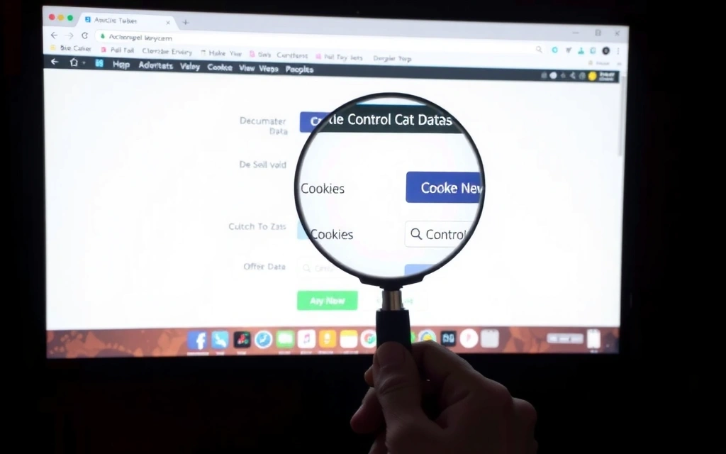 Hand hält eine Lupe über eine Browser-Oberfläche mit Cookie-Einstellungen