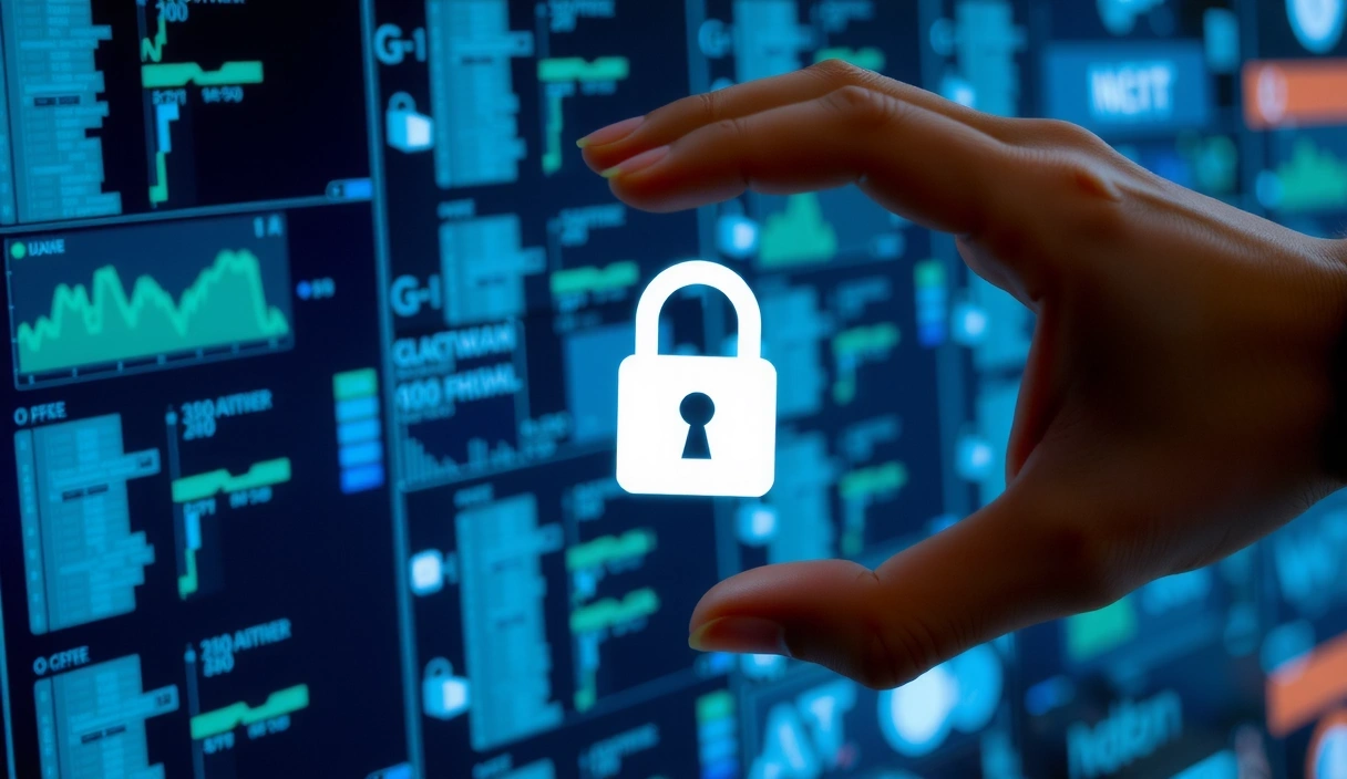 Abstraktes Bild, das Datensicherheit und Privatsphäre symbolisiert, mit schützenden Schichten und einem digitalen Schild.