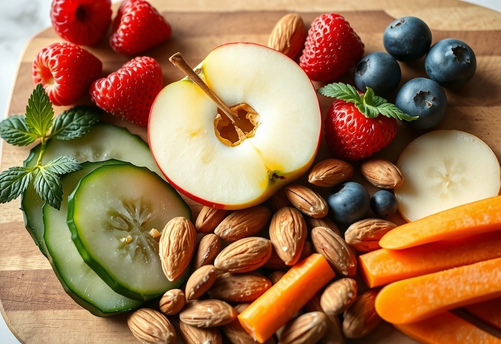 Bunte Auswahl gesunder Snacks wie Obst, Nüsse und Gemüse-Sticks