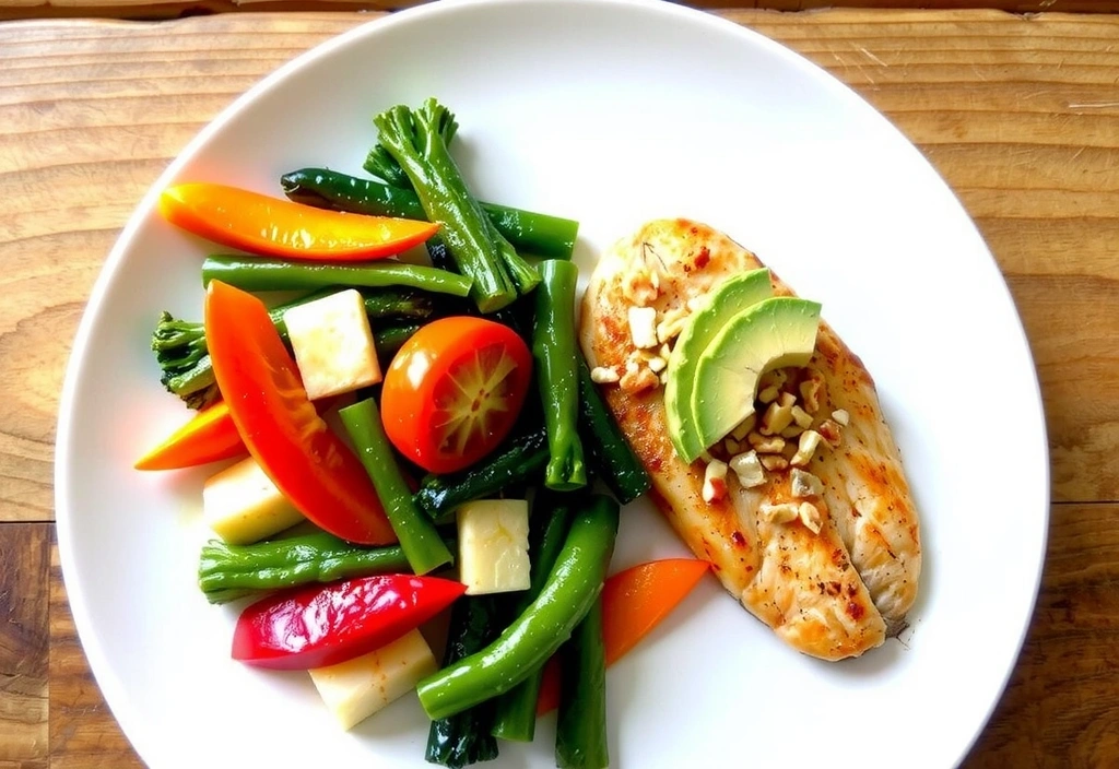 Eine ausgewogene Mahlzeit mit viel Gemüse, Protein und gesunden Fetten