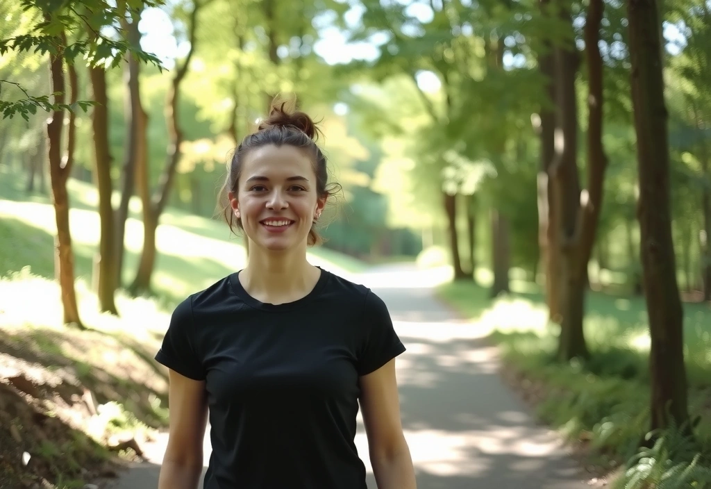 Eine lächelnde Person macht einen Spaziergang im Wald bei Sonnenlicht