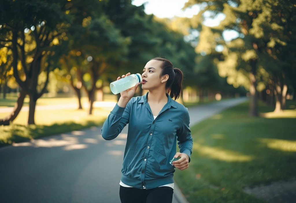 Person trinkt Wasser aus einer wiederverwendbaren Flasche während eines Spaziergangs