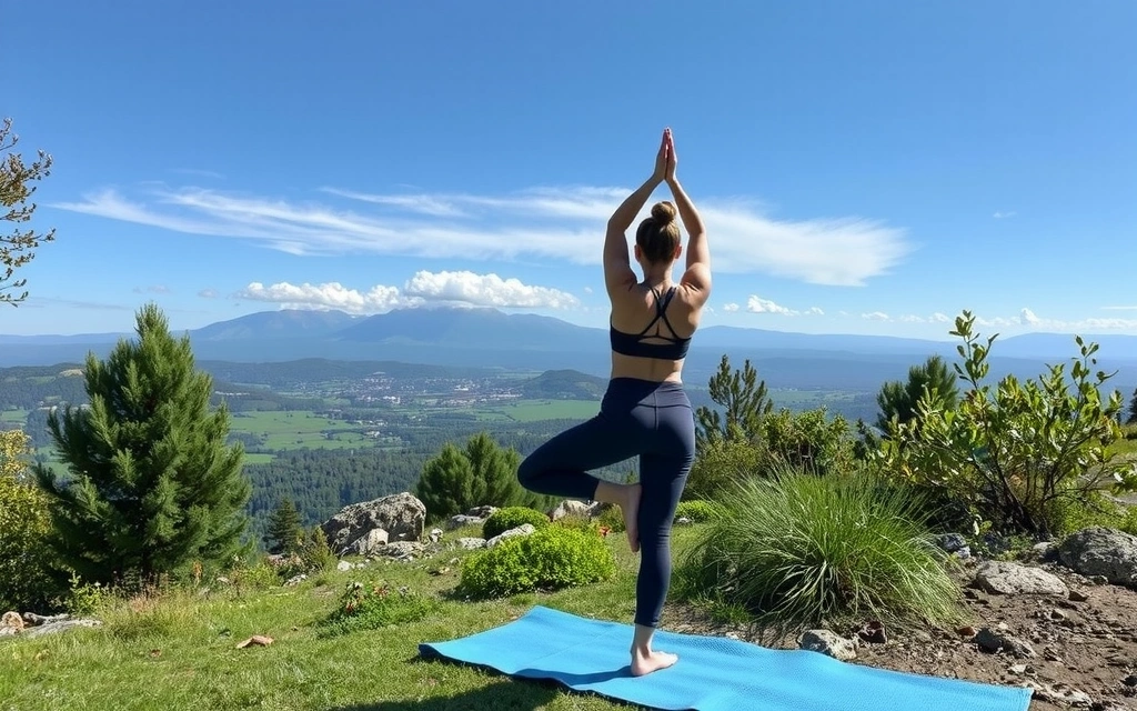 Person beim Yoga in der Natur, umgeben von einem ausgewogenen Lebensstil