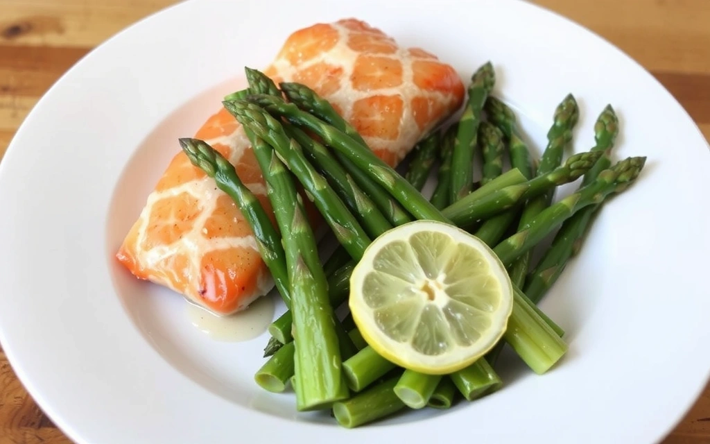 Ein Teller mit gedünstetem Lachsfilet und frischem grünen Spargel, leicht mit Zitrone beträufelt.