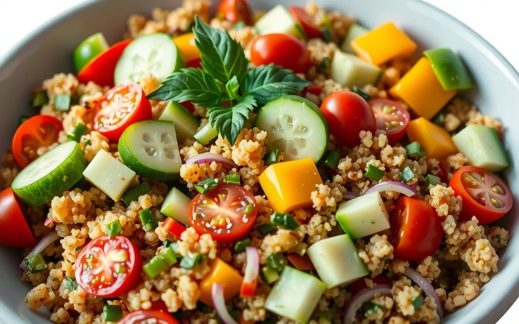 Ein farbenfroher Quinoa-Salat mit viel frischem Gemüse wie Gurken, Tomaten, Paprika und Kräutern in einer großen Schüssel.