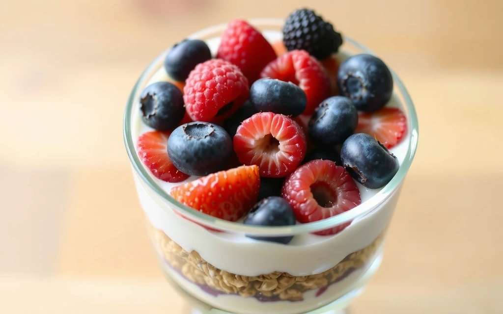 Ein Schichtdessert aus griechischem Joghurt, frischen Beeren (Erdbeeren, Heidelbeeren, Himbeeren) und knusprigem Granola in einem Glas.