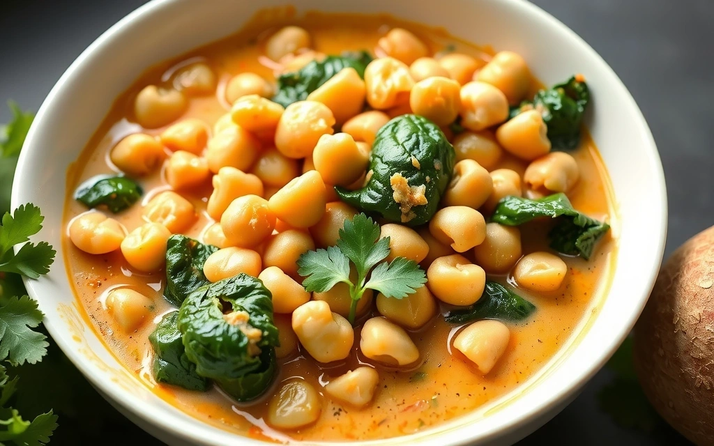Eine große Schale mit cremigem vegetarischem Curry, gefüllt mit Kichererbsen, Spinat und Kokosmilch, garniert mit Koriander.