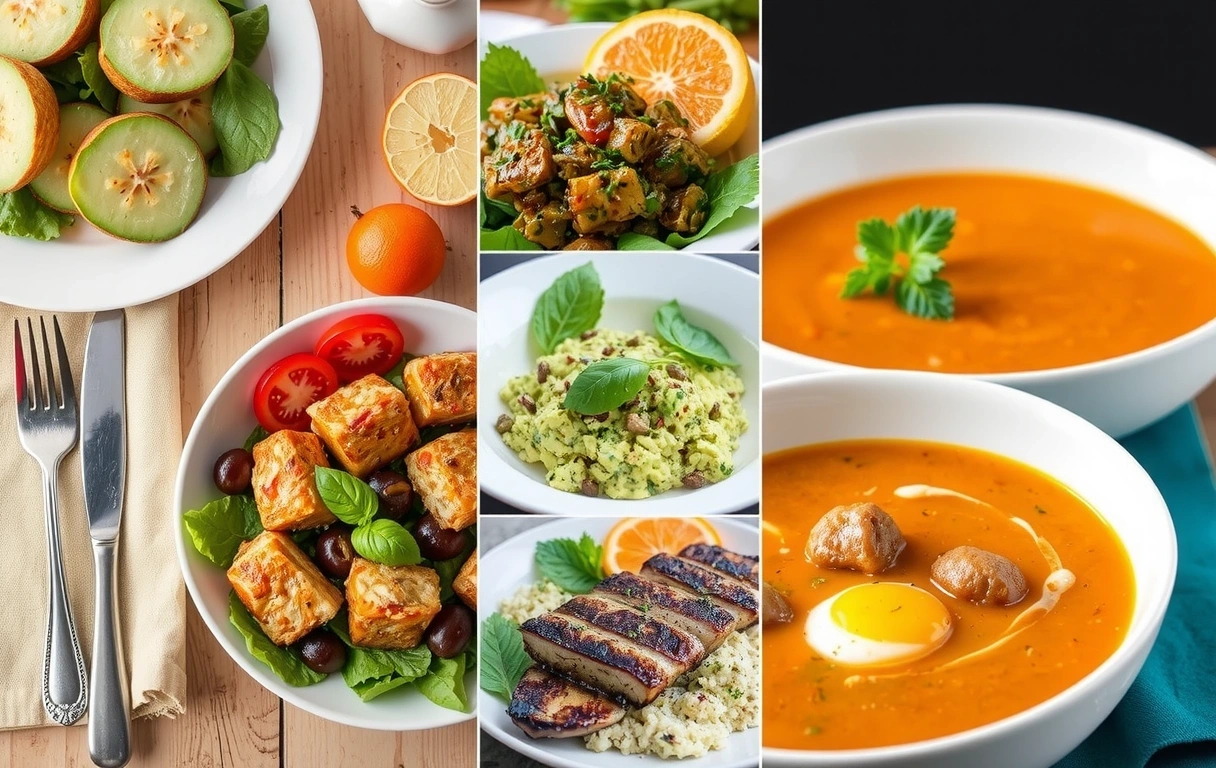 Eine bunte Collage aus verschiedenen gesunden Gerichten, darunter Salate, Suppen und Hauptspeisen, ansprechend auf Tellern angerichtet. Kein Text.