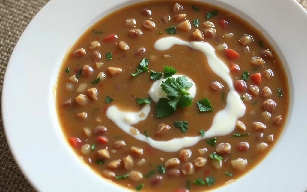 Eine dampfende Schale cremiger Linsensuppe, garniert mit frischer Petersilie und einem Spritzer Sahne.