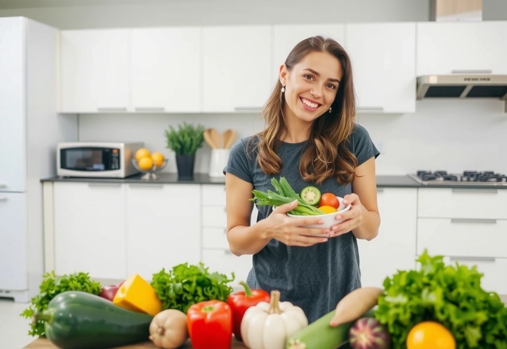 Eine Frau, die in einer modernen Küche frische Zutaten für eine Mahlzeit zubereitet, lächelt und hält eine Schüssel mit Gemüse.