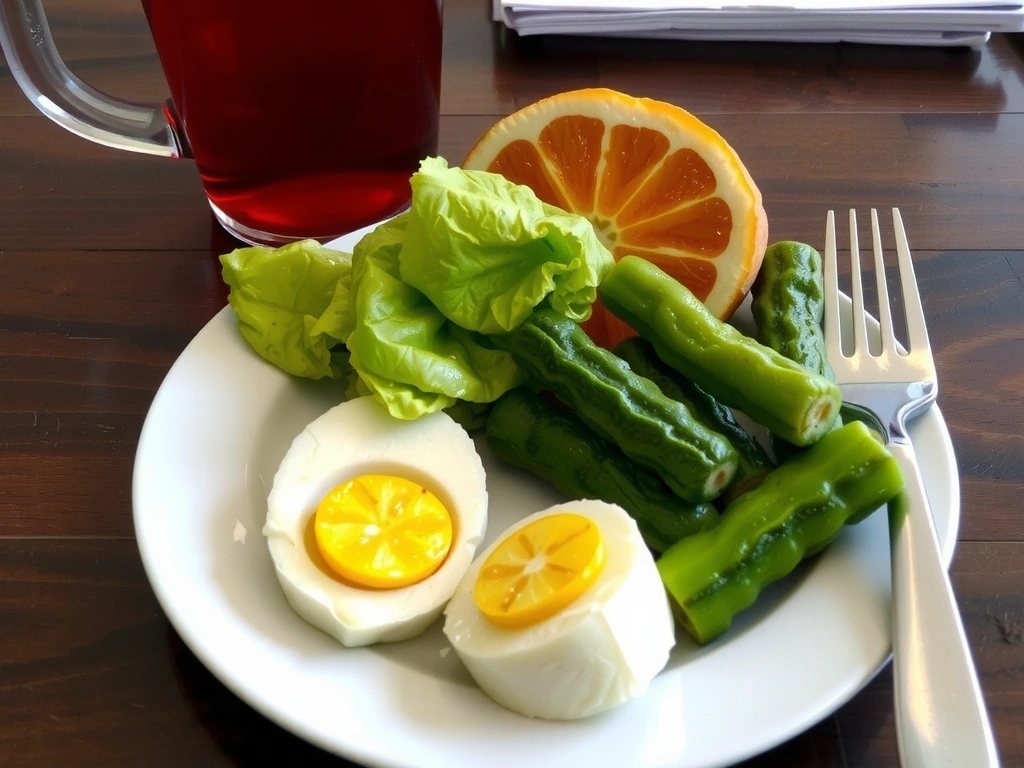 Ein Teller mit einer ausgewogenen Mahlzeit, die speziell auf gesundheitliche Bedürfnisse zugeschnitten ist, mit medizinischen Symbolen im Hintergrund.