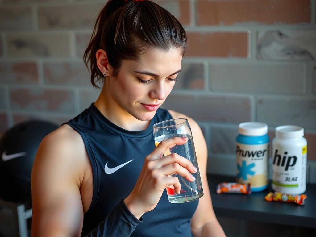 Ein Sportler trinkt Wasser nach dem Training, umgeben von Sporternährungsprodukten wie Proteinshakes und Energie-Riegeln.