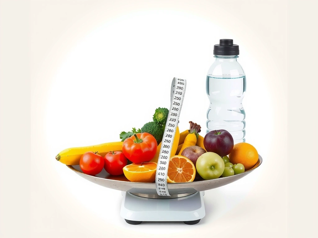 Eine Waage, die im Gleichgewicht ist, mit gesunden Lebensmitteln auf der einen Seite und einem Maßband und einer Wasserflasche auf der anderen.