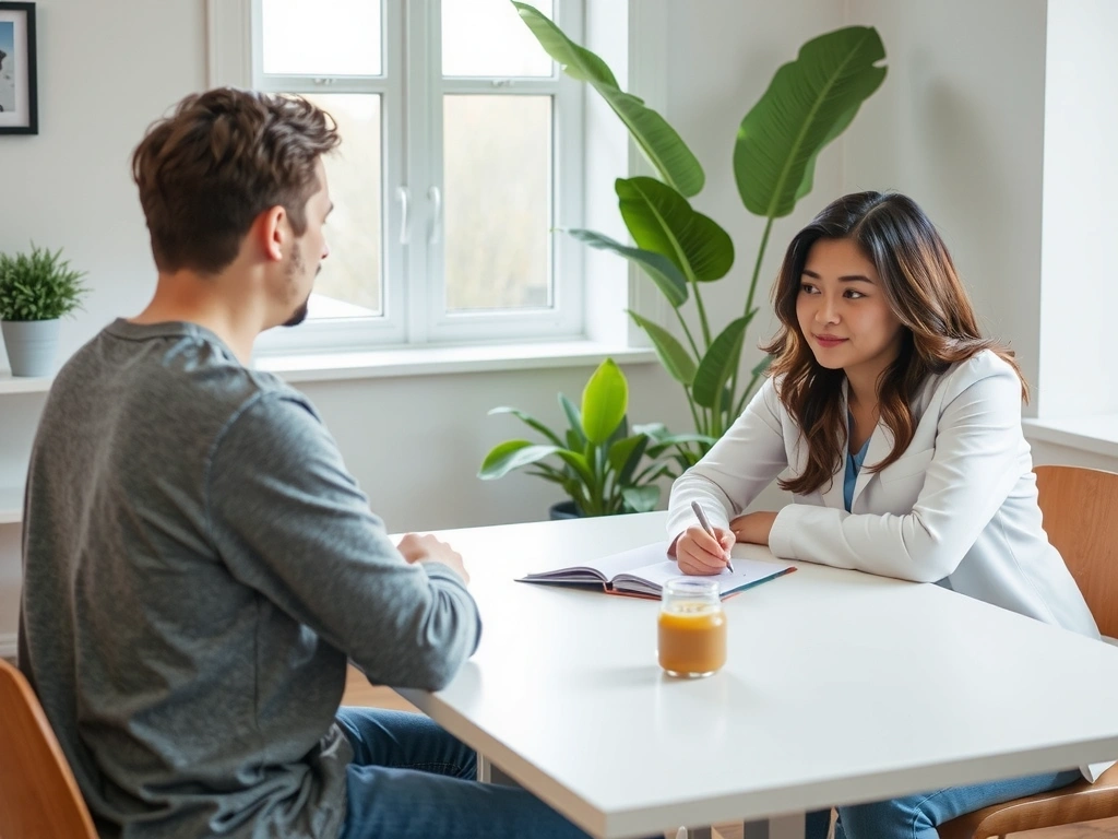 Eine Person sitzt einem Ernährungsberater gegenüber, während sie Notizen macht und über einen Ernährungsplan spricht, in einem hellen, freundlichen Beratungsraum.