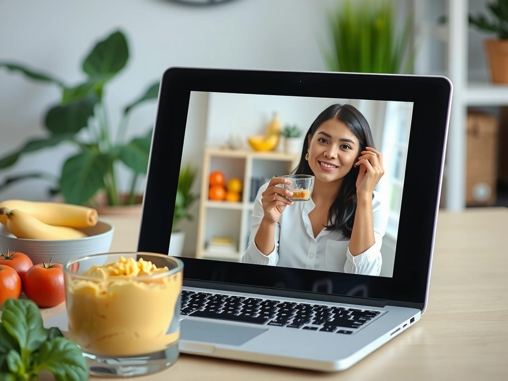 Eine lächelnde Frau, die einen Videoanruf auf einem Laptop führt, um ihre Ernährungsziele zu besprechen.