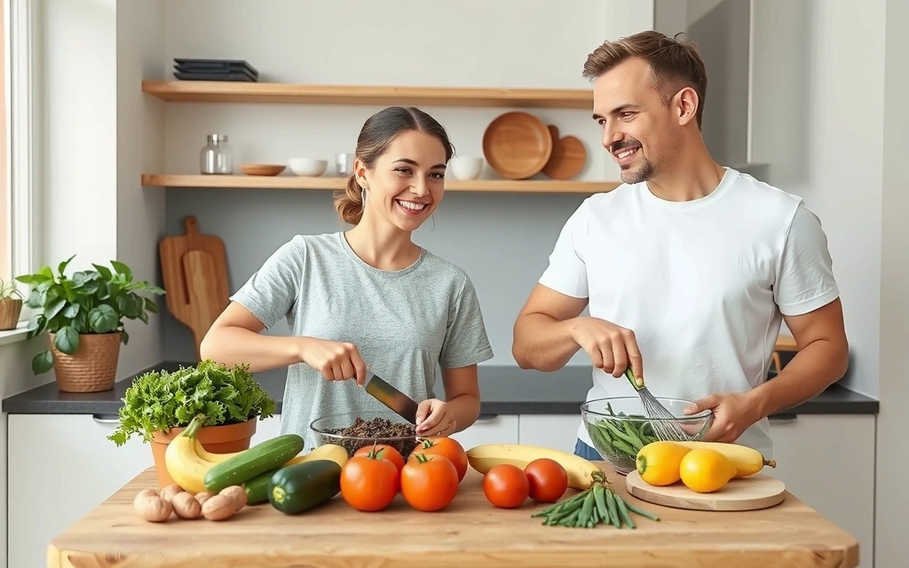 Ein glückliches Paar bereitet gemeinsam eine gesunde Mahlzeit in einer modernen Küche zu