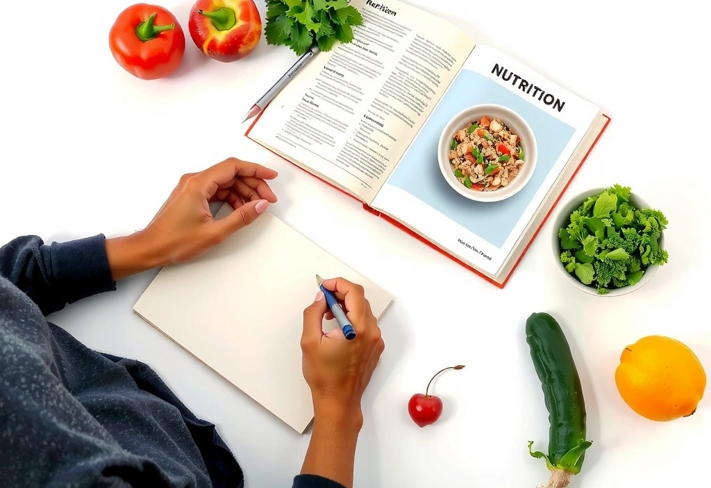 Eine Person studiert Ernährungsbücher und Notizen, symbolisiert Forschung und Expertise